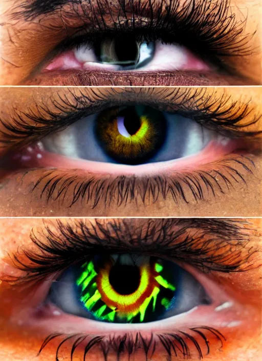 Image similar to grid montage of eyes, detailed colored textures, eyelashes, advanced art, art styles mix, from wikipedia, wet reflections in eyes, sunshine lighting, hd macro photograph, from side, various eyelid positions, black sphere pupil centered