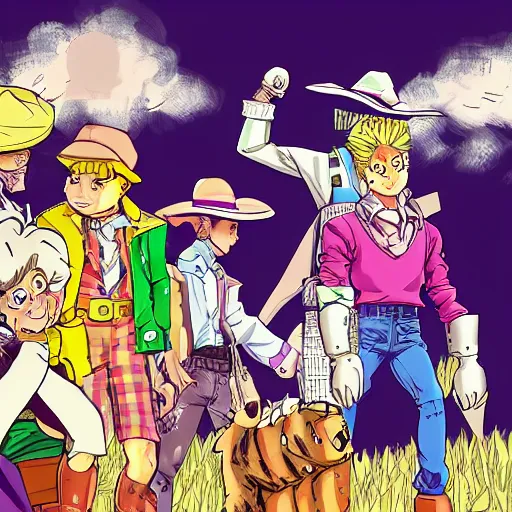 Prompt: old macdonald on his farm in the style of jojo's bizarre adventure, hirohiko araki manga style trending on artstation 8 k