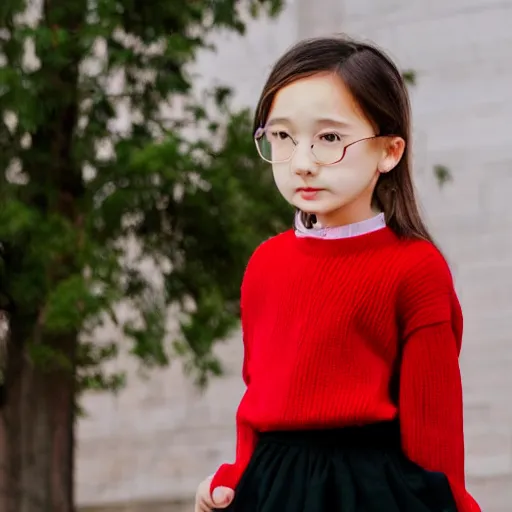 Image similar to of girl wearing red sweater with short black skirt and high heal shoes