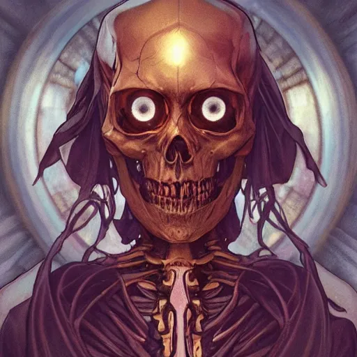 Image similar to skeleton with eyes, cinematic shot, 8 k, art by artgerm and greg rutkowski and alphonse mucha