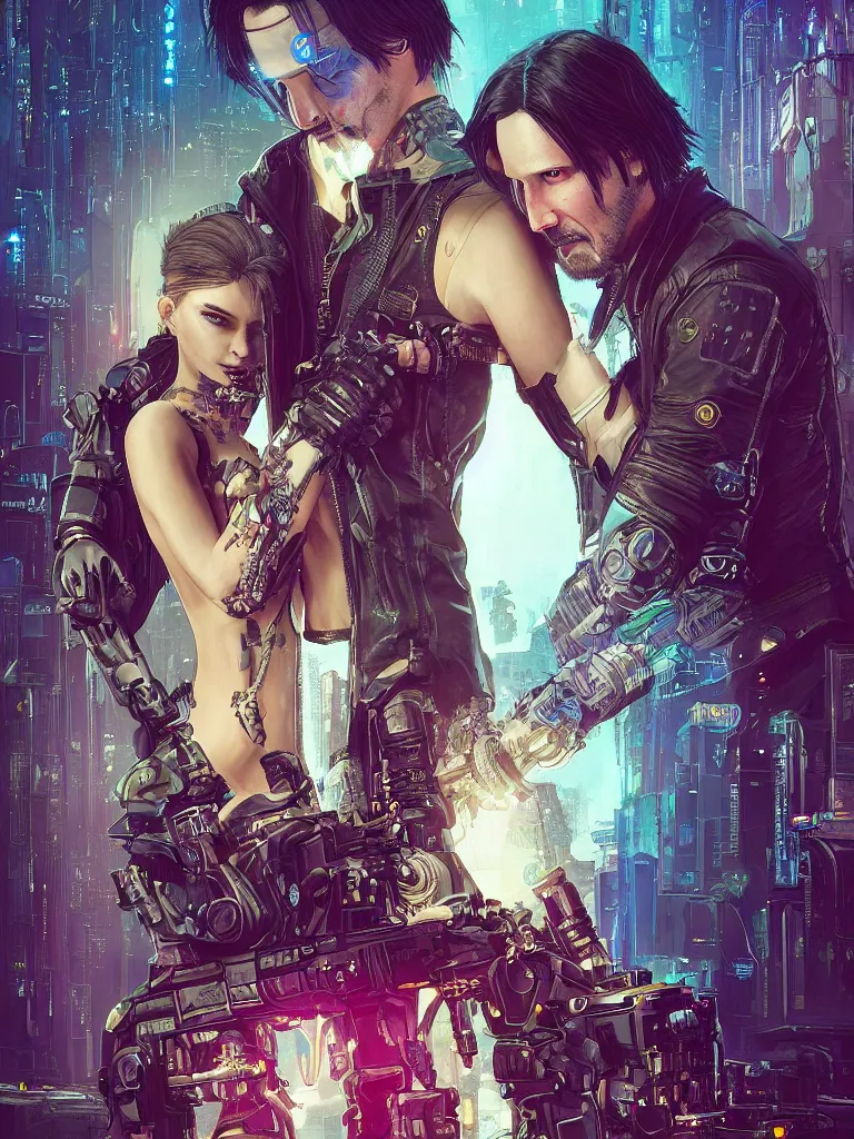 Prompt: a cyberpunk 2077 wedding couple portrait of Keanu Reeves and V in love story,pray,hug,hold,kiss,film lighting,by Lawrence Alma-Tadema,Andrei Riabovitchev,Laurie Greasley,Dan Mumford, John Wick,Speed,Replicas,artstation,deviantart,FAN ART,full of color,Digital painting,face enhance,highly detailed,8K,octane,golden ratio,cinematic lighting, no extra heads, no extra people