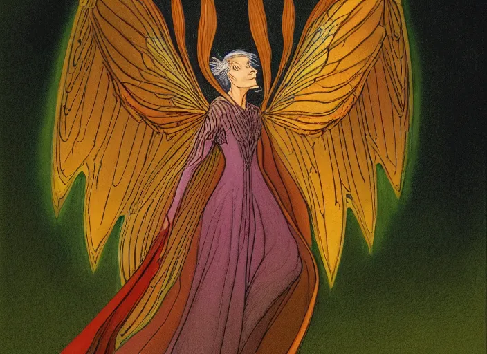 Prompt: a portrait illustration by charles vess of radiant winged seraph with iridescent, spread wings in the shape of a vulva, it's face concealed by the bulb of the vestibule