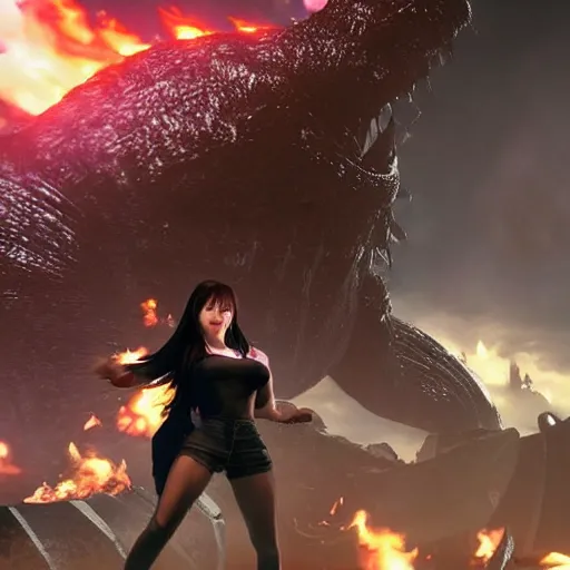 Prompt: a giant tifa from final fantasy 7 remake destroying a city like godzilla while smiling, digital art, octane render, award winning, very detailed, full body portrait, 3d render, detailed facial expressions, destroyed city, destruction, fire, video game art, no text