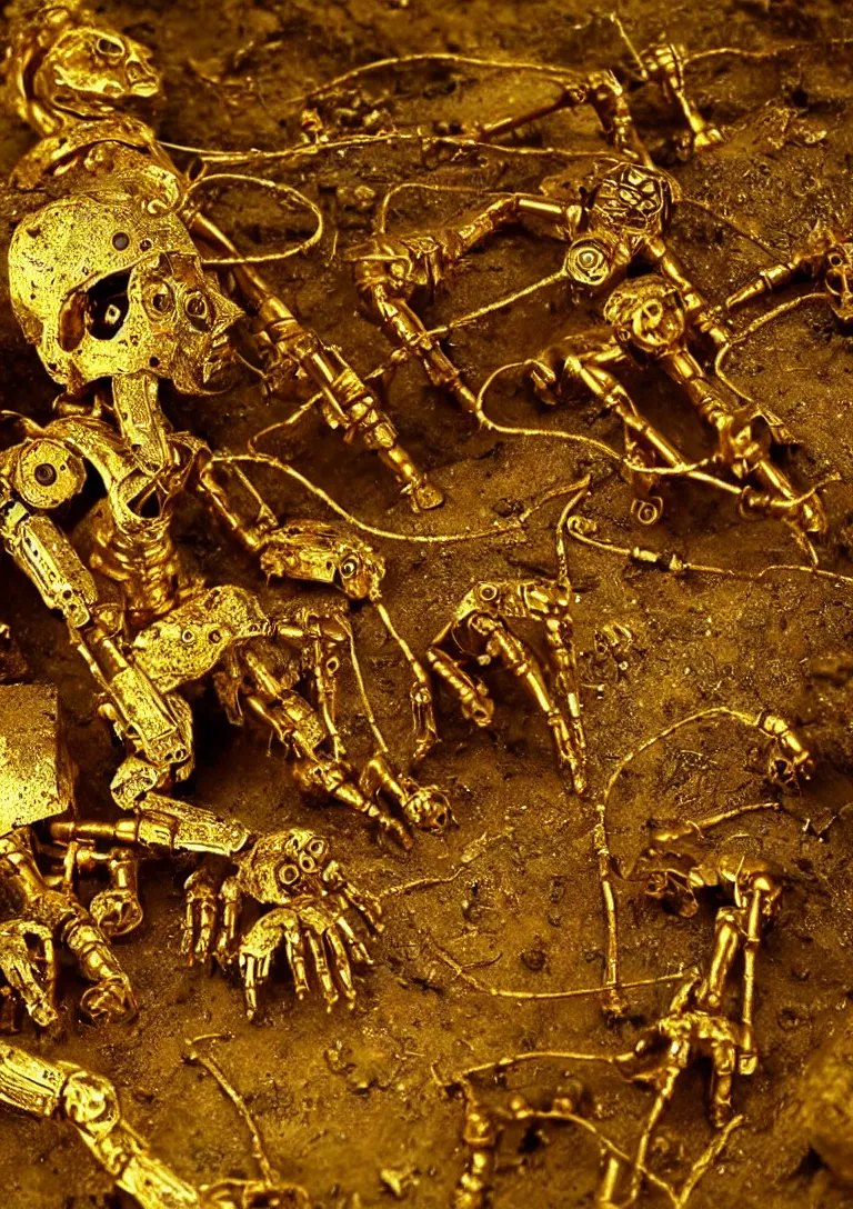 Image similar to Archaeologists discover ancient golden robot. Photorealistic. Intricate details.