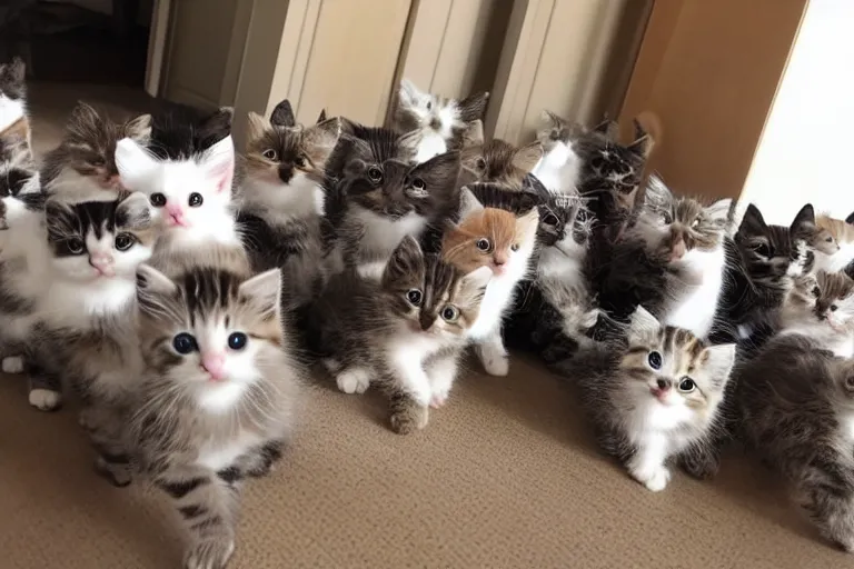 Prompt: a living room full of cute kittens that are all sitting positioned directly at the camera and all of the kittens are looking directly into the camera