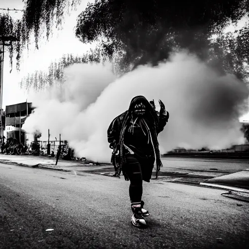 Prompt: Candid extreme wide shot of a poor techwear mixed woman with tattoos outside of a futuristic Los Angeles on fire, homeless tents on the side of the road, military police, cyberpunk, 4k, extreme long shot, desaturated, full shot, action shot, motion blur, sigma 85mm f/1.4, high resolution, 4k, 8k, hd, full color, important moment in history, award winning photography