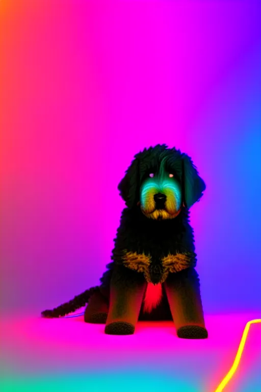 Prompt: a cute bernedoodle puppy sitting in gaming chair + neon rgb light strips, large computer monitor, mountains in background, vaporwave, dramatic, confident, rule of thirds, 4 k, award winning, octane render, volumetric lighting