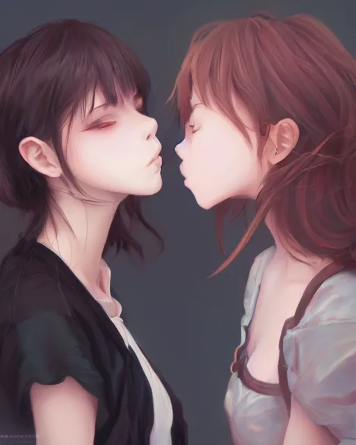 Image similar to portrait of two girls kissing, anime, drawn by WLOP, trending on Artstation