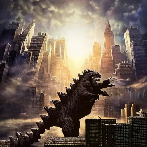 Image similar to a hyper-realistic studio oil-painting of a giant Godzilla destroying new-york in minecraft!!!!!; hyper-detailed; an extraordinary masterpiece!!!; flawless; trending on artstation