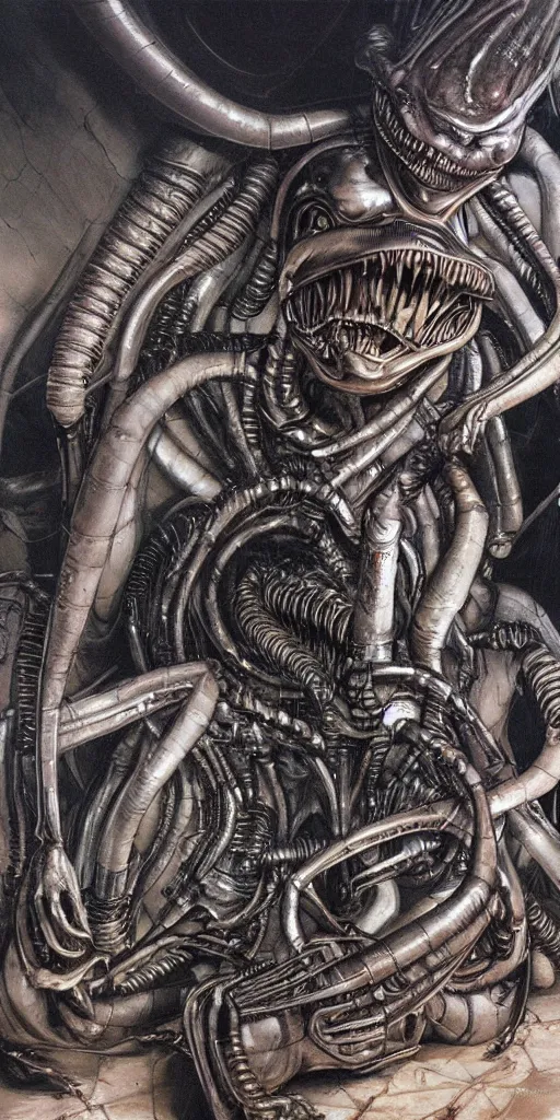 Prompt: oil painting scene from Alien 2 movie Giger art by kim jung gi