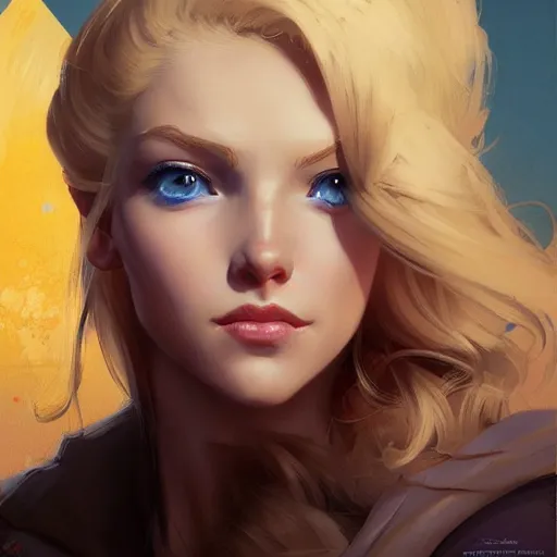 Image similar to portrait of beautiful girl with blond hair and blue eyes, League of Legend illustration by Greg Rutkowski:1, profile picture by Gil Elvgren:2, asymmetrical, Organic Painting, Ambient Occlusion:3, Matte Painting, geometric shapes, hard edges, street art, trending on the artstation, realistic:2 by Sachin Teng:5