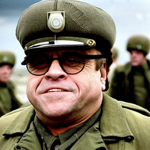 Image similar to Danny Devito as a soldier in a movie directed by Christopher Nolan, movie still frame, promotional image, imax 70 mm footage