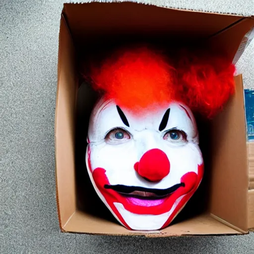 Image similar to a cardboard box opened up with a clown face popping out of it, realistic, the name wbnl on it