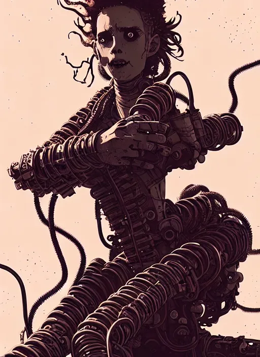 Image similar to highly detailed portrait of wasteland punk long curly fire hair tribal lady, stray wiring by atey ghailan, james gilleard, by joe fenton, by greg rutkowski, by greg tocchini, by kaethe butcher, 4 k resolution, gradient red, orange, black and white color scheme!!! ( ( flaming robotic dystopian city spiral background ) )