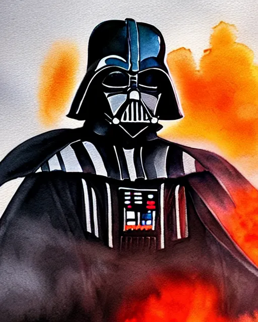Image similar to watercolor painting portrait of darth vader, burning city background, high production value, intricate details, high resolution, hdr, high definition, masterpiece, realistic, ultrarealistic, highly detailed, hd, sharp focus, non blurry, sharp, smooth