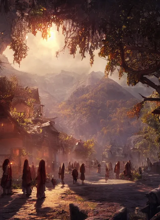 Image similar to peacefull village full of people, ultra detailed fantasy, elden ring, realistic, dnd, rpg, lotr game design fanart by concept art, behance hd, artstation, deviantart, global illumination radiating a glowing aura global illumination ray tracing hdr render in unreal engine 5