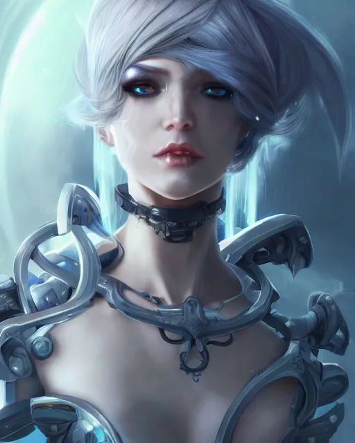 Image similar to holy cyborg necromancer girl, elegant, perfect face, scifi, futuristic, utopia, garden, illustration, atmosphere, warframe, blue eyes, white hair, artstation, nier automata, highly detailed, art by yuhong ding and chengwei pan and serafleur and ina wong