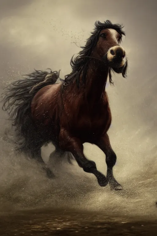 Image similar to Greek shire horse running in the rain, 4k detailed hyperrealistic digital photo by Justin Gerard, Beeple, Gustave Dore, Artstation, CGsociety