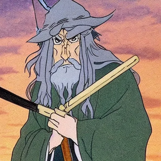 Image similar to gandalf from the anime lord of the rings (1986), holding a wooden staff, studio ghibli, very detailed, realistic