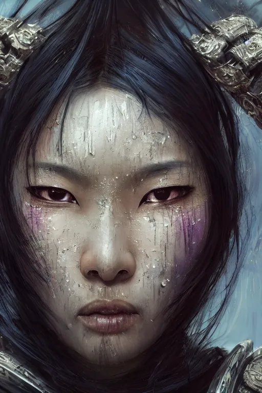 Image similar to Art station concept of Asian woman, fair skin, big eyes, long black hair, no bangs, wearing sculpted textured armor, closes her eye, battle damage, intricate complexity, close-up of the front of the face, resolute expression, back lighting, 4K resolution, symmetric, clear facial features, by Ruan Jia and Mandy Jurgens and William-Adolphe Bouguereau, Karol Bak, smooth, sharp focus, rich deep colors, Unreal Engine 5, digital render, intricate, ultra realistic, concept art