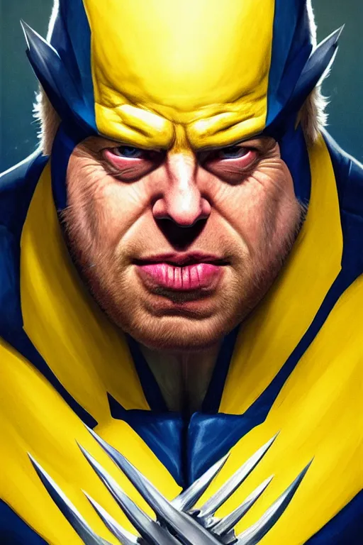 Image similar to Boris Johnson as calm but serious Wolverine, shining claws, yellow X-man costume, portrait, highly detailed, digital painting, artstation, concept art, smooth, sharp focus, illustration, cinematic lighting, art by artgerm and greg rutkowski and alphonse mucha