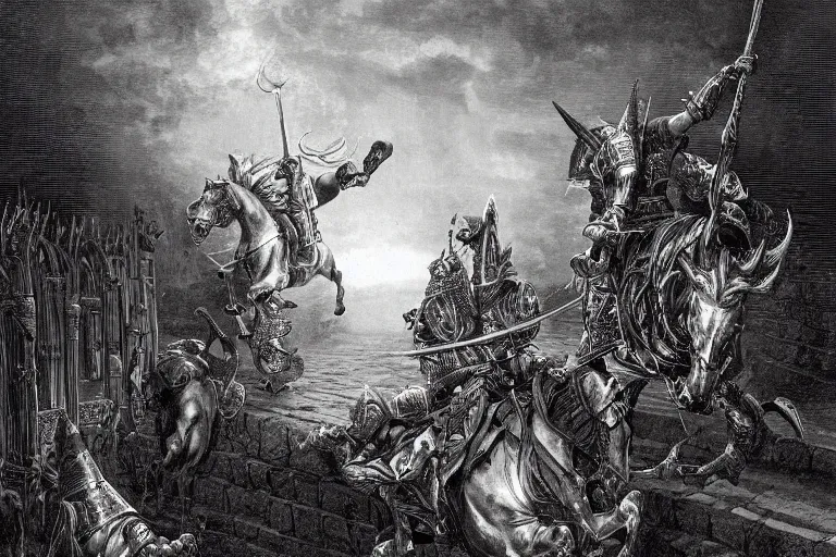 Image similar to highly detailed picture of open book on the table, the knight emerges from the open page of the book, the knight emerges from the open page of the book, don quixote, cinematic romantic magical masterpiece, by gene wolfe, highly detailed painting by gustave dore