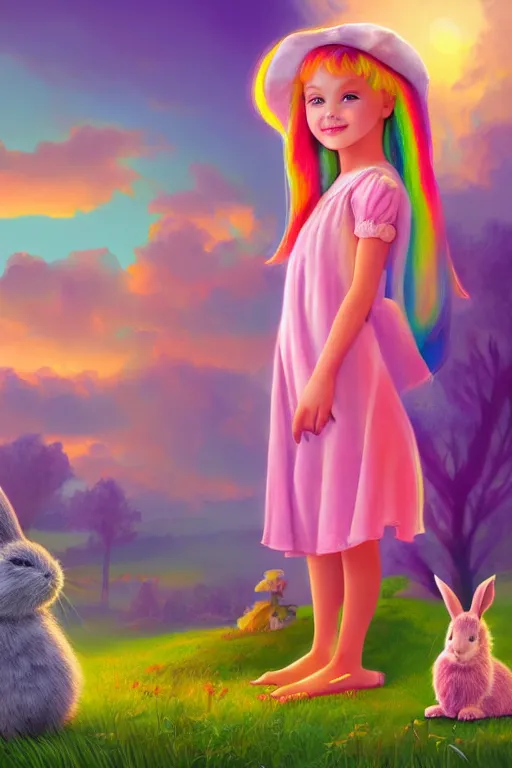 Image similar to matte sharp painting cute little girl and rabbit landscape painted by mark rydel artstation behance storybook lisa frank