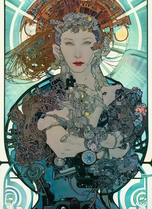 Prompt: cyborg connected to a brain-machine interface by James Jean and Alphonse Mucha