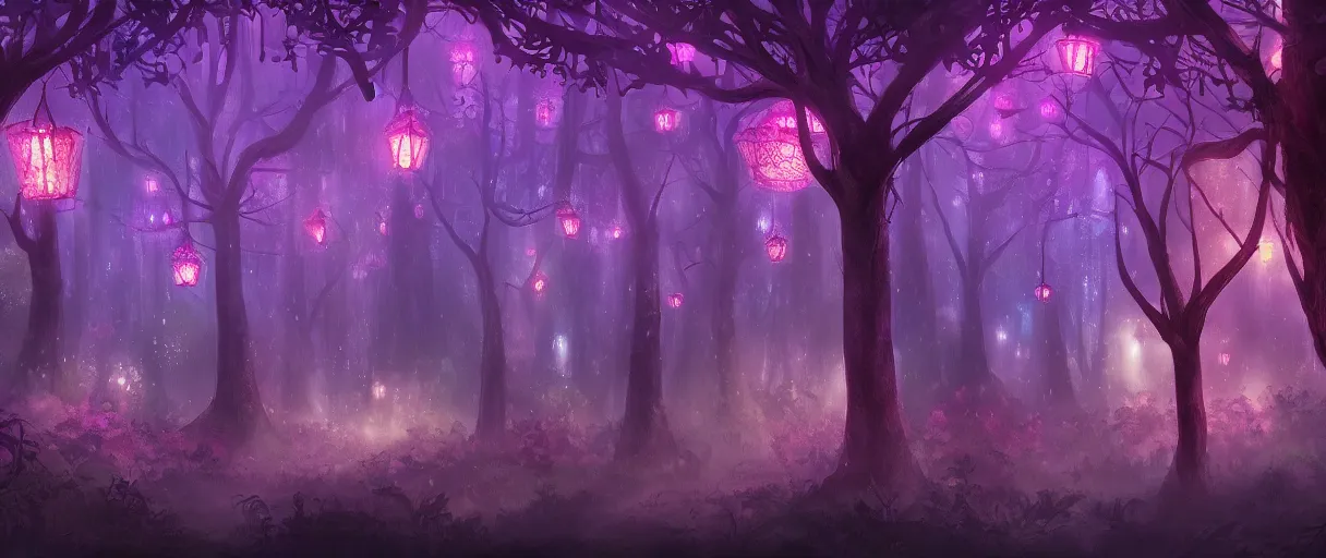 Image similar to a digital painting of a magical fantasy forest, large magical trees, magical flowers, hanging lanterns, volumetric lighting, mystical, evening, concept art, trending on artstation, matte painting, high detail, high quality, pink/purple colour scheme