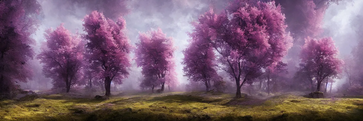 Image similar to michal karcz grunge painting of a beautiful landscape. , purple trees, detailed, elegant, intricate, 4k,