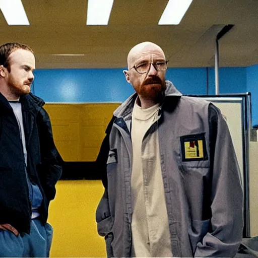 Image similar to walter white and jesse pinkman in gus frings underground laboratory on top of howard hamlin and lalo salamunca