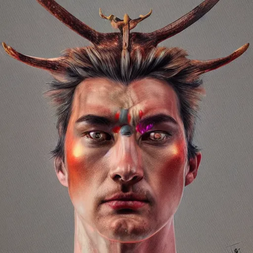 Prompt: Dramatic portraiture of Uuen, the Pictish god of stags, mixed media, trending on ArtStation, by Greg Capullo and by ArtGerm and by Lucian Freud, luminism