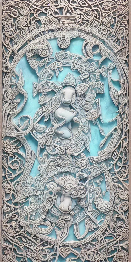 Image similar to intricate colourfully painted carved Soapstone relief paneling, white and pale blue , celestial, pig, piglet, piggy, pig goddess, mother earth, Earth Goddess mythology, Gaia, angels, divinity, Ghostly, crystaline celtic, insanly detailed , artstation, wallpaper, hyper realistic, realistic lighting