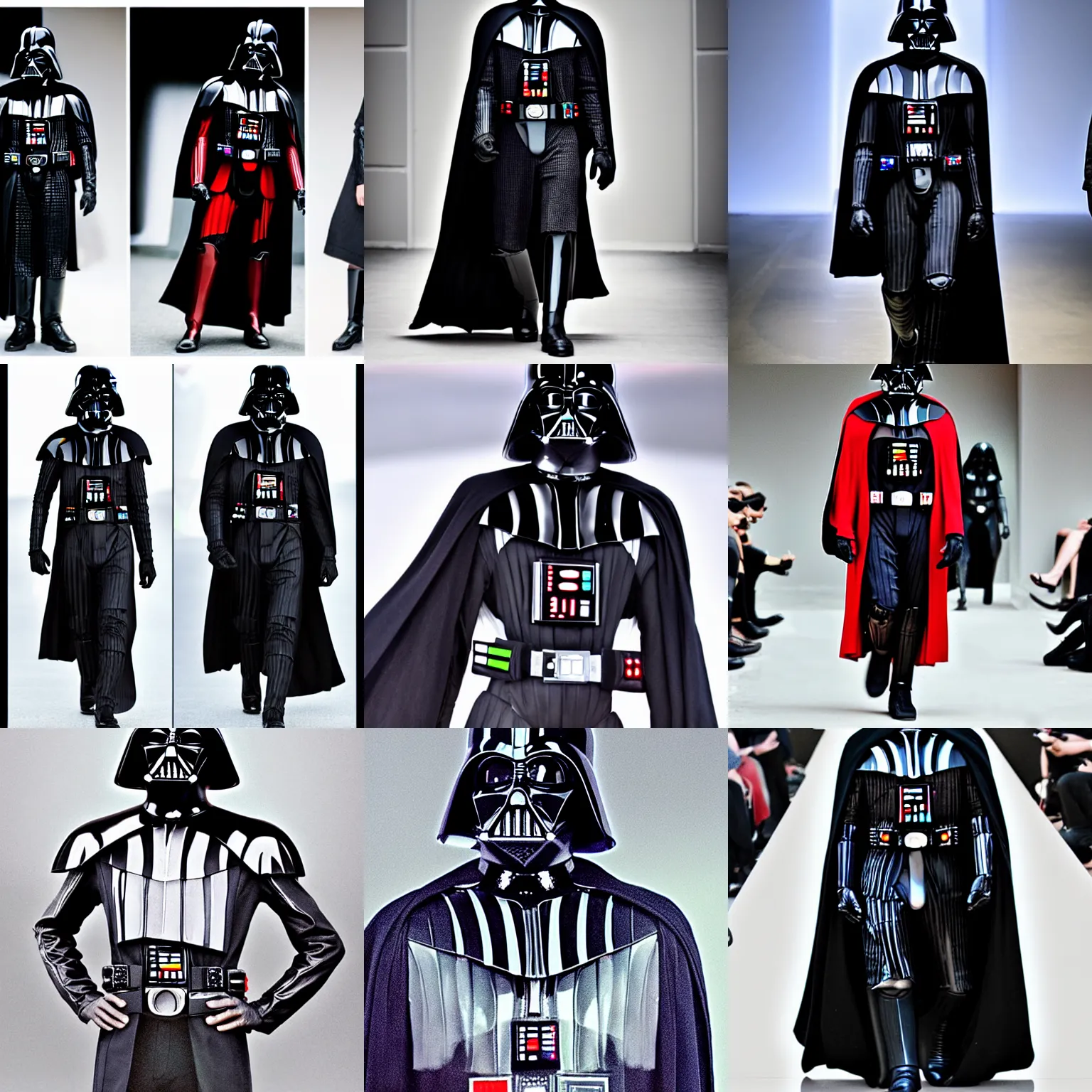 Prompt: darth Vader as fashion model, modeling fashion on the runway