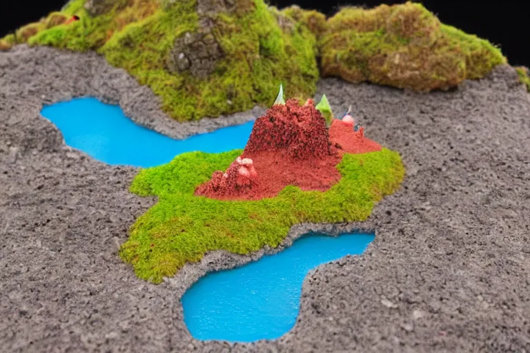 Prompt: miniature volcanic island made of candy, diorama picture, 5 5 mm, candy - island