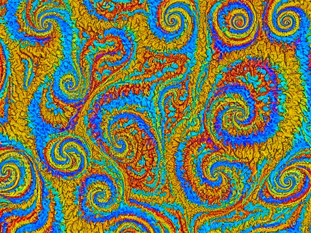 Prompt: 3d multicolor fractal swirling maze paisley lichen patterns