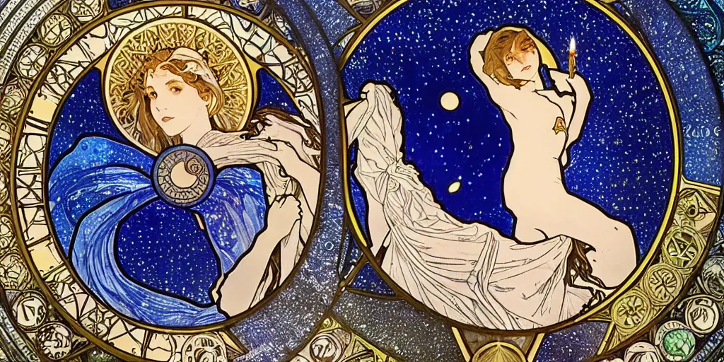 Prompt: the longest night, cloaked dark night with moon and candle and tattoos, astronomical star constellations and watch gears, traditional moon, by alphonse mucha and sana takeda, handsome face and beautiful face, ultramarine blue and gold, intricate stained glass