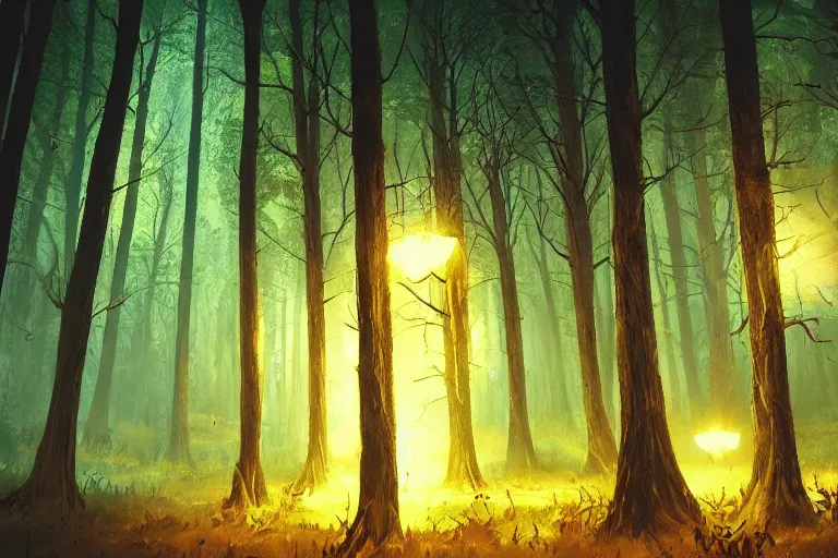 Prompt: Forest at night with floating lights, magical, Magic The Gathering