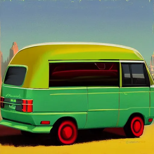 Image similar to retro painting illustration of a volswagen van, 2 d, pastel color, green, yellow, red, retro style art, trendy on artstation, by rhads