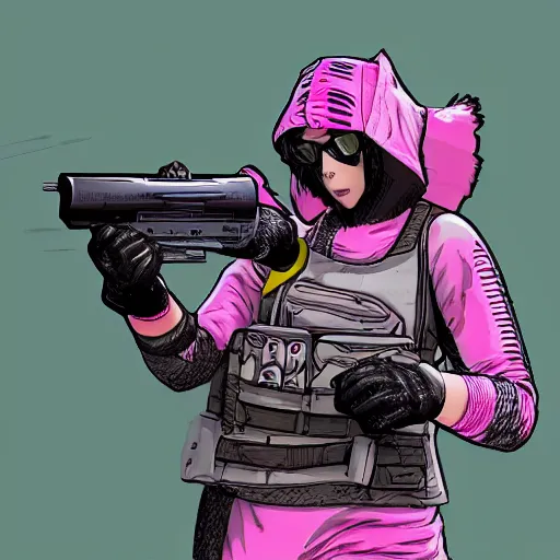 Prompt: grey cat with white stripes play apex legends, shooting gun, comic style, pink background