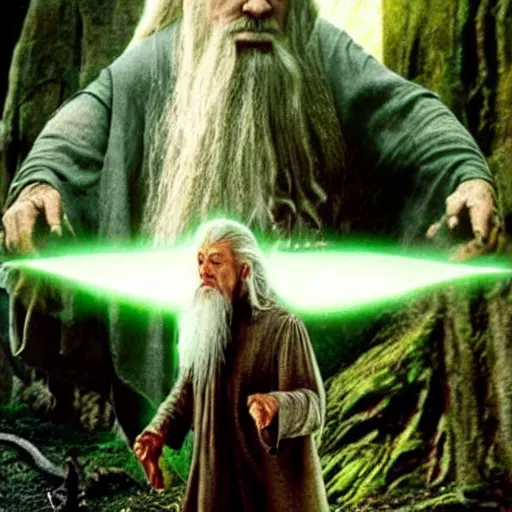 Prompt: gandalf doing a shamanic ritual with frodo in the movie lord of the rings, ayahuasca, dmt, magic mushroom, ultra realistic