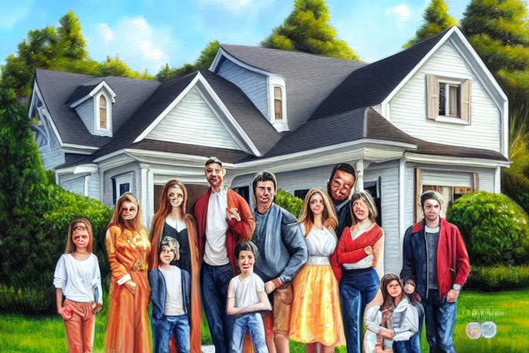 Prompt: painting of a famaly photo in front of the house, fine details, magali villeneuve, artgerm, rutkowski