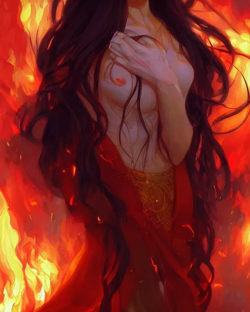 Image similar to beautiful long haired anime girl, fire dress, portrait, flames everywhere, highly detailed, digital painting, artstation, concept art, smooth, sharp focus, illustration, art by artgerm and greg rutkowski and alphonse mucha