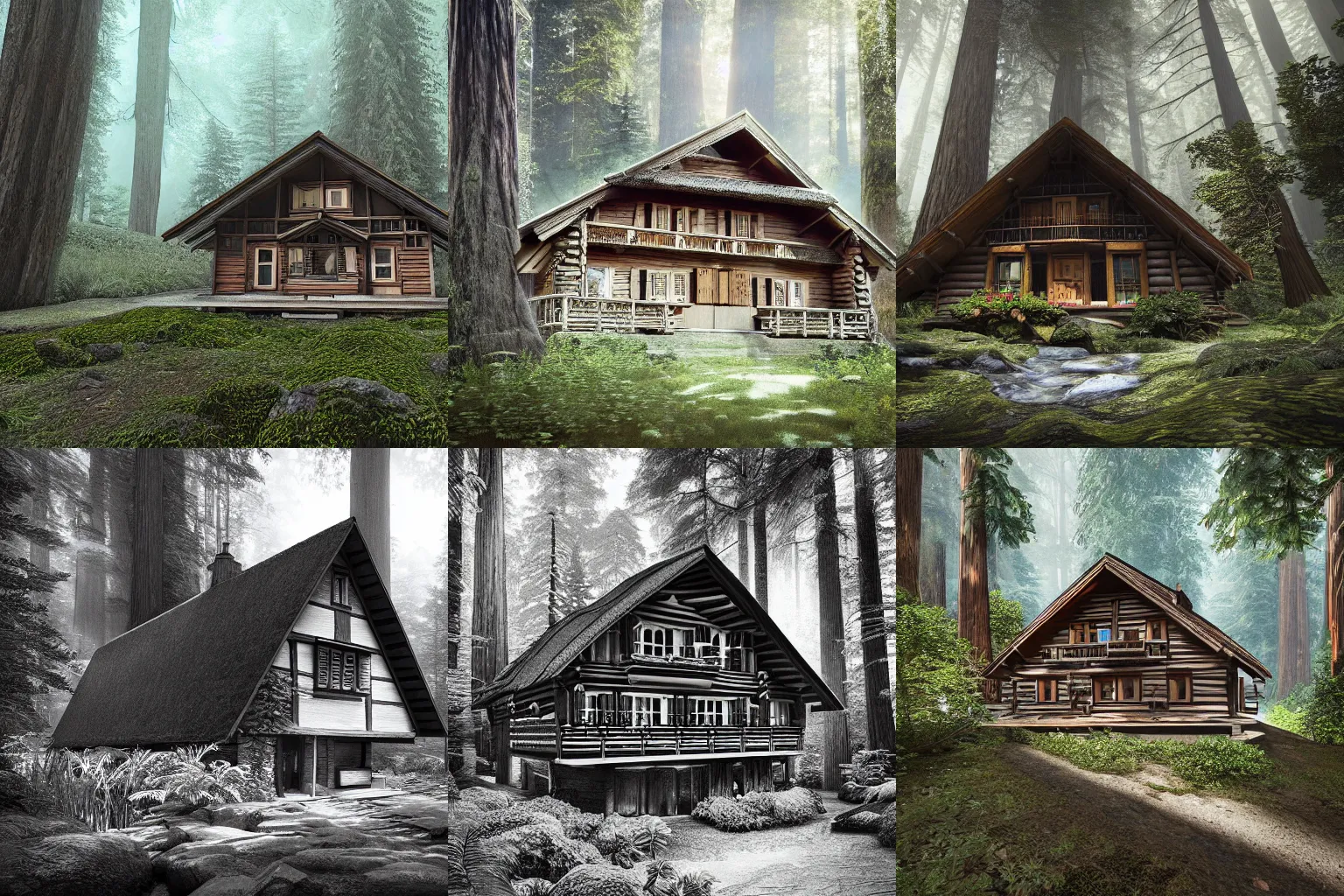 Prompt: small swiss cottage inside a huge redwood forest, low angle photograph, unreal engine, detailed pencil art
