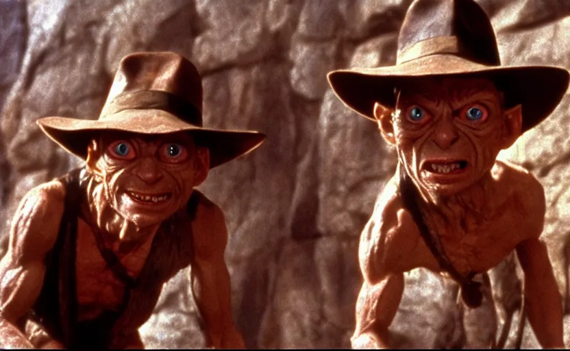 Image similar to a still of gollum as indiana jones in in indiana jones and the last crusade ( 1 9 8 9 ),
