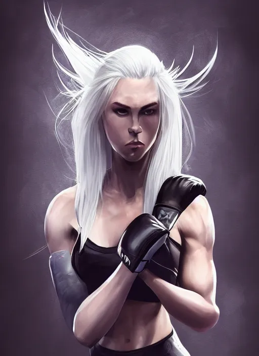 Image similar to a highly detailed illustration of fierce ponytail platinum blonde woman wearing black mma gear and gloves, dramatic boxing stance pose, fairly muscular, athletic, intricate, elegant, highly detailed, centered, digital painting, artstation, concept art, smooth, sharp focus, league of legends concept art, WLOP