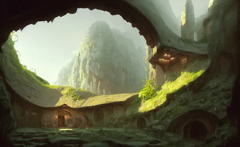 Prompt: painting of a series of living quarters overlooking communal area of a hidden, cozy ring - shaped complex carved inside a mountain, cozy bed, well maintained, clean, medieval, fantasy genre, natural light, fantasy, natural light, concept art, by greg rutkowski and craig mullins, cozy atmospheric and cinematic lighting, trending on artstation