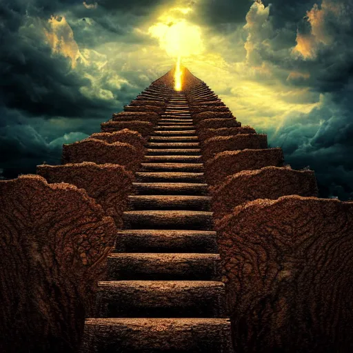 Prompt: hell landscape, a tall ladder leading to heaven above, high quality, realistic