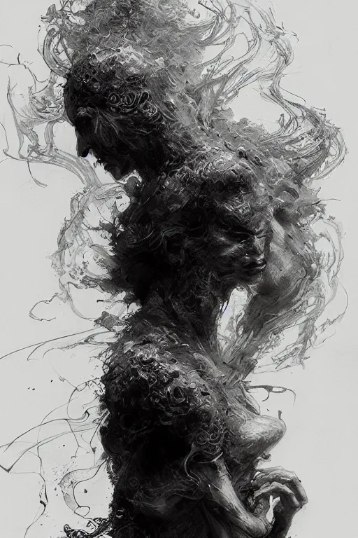 Image similar to portrait of a demon void woman sensual surrounded by smoke fumes, pen and ink, intricate line drawings, by craig mullins, ruan jia, kentaro miura, greg rutkowski