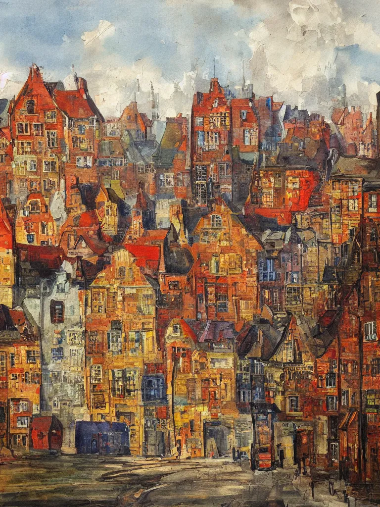 Image similar to a colorful painting of a cityview in the style of Raymond Heere, kleurrijke stadsgezichten